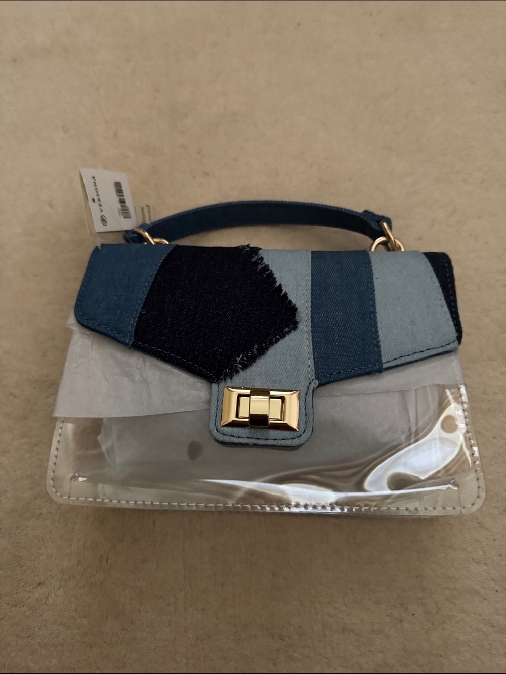 Blue Denim Patch Clear Crossbody Bag with Gold Hardware
